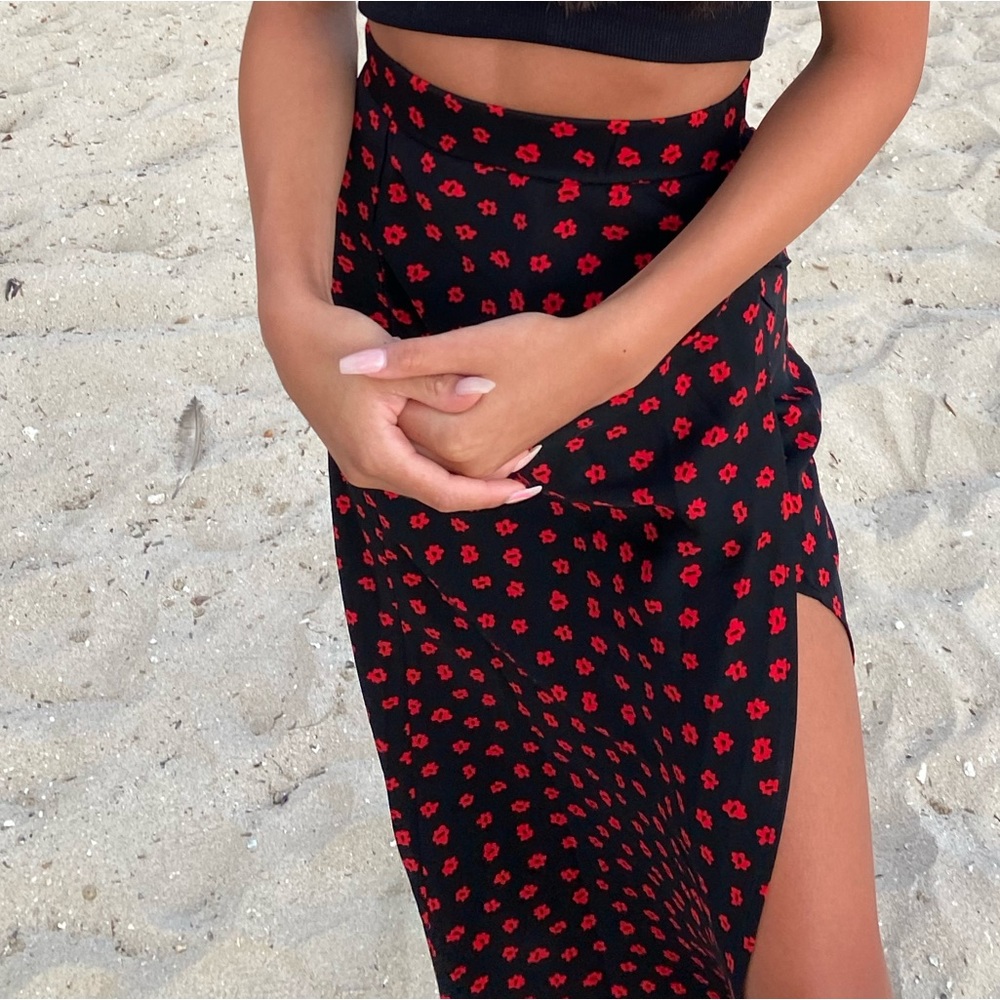 Black and red floral maxi skirt